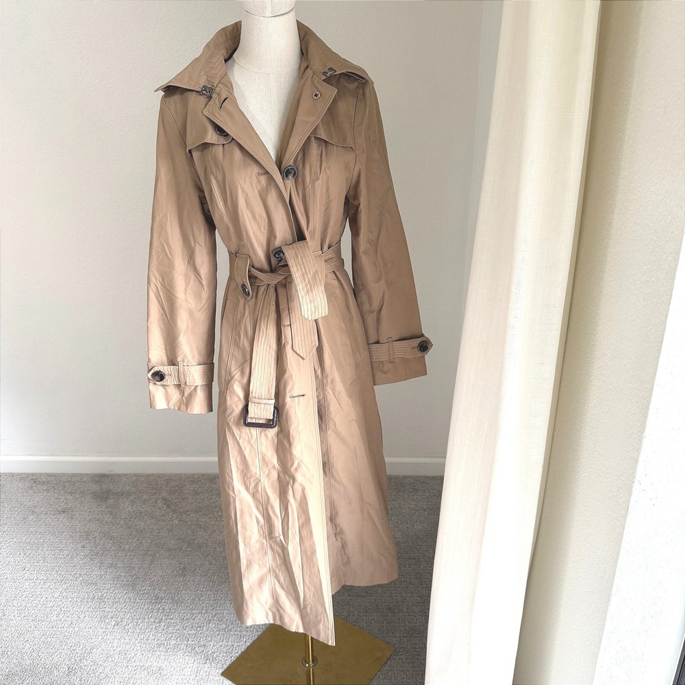 London Fog Womens Tan Double Breasted Hooded Belted Trench Coat Medium Long Chic